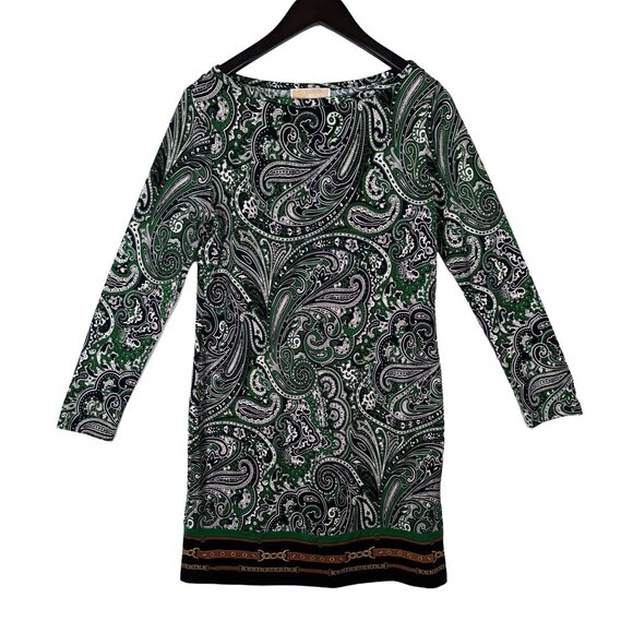 Michael Kors Mini Crew Paisley Slip Dres Chain Belt Border Womens Medium Preppy - Picture 1 of 6